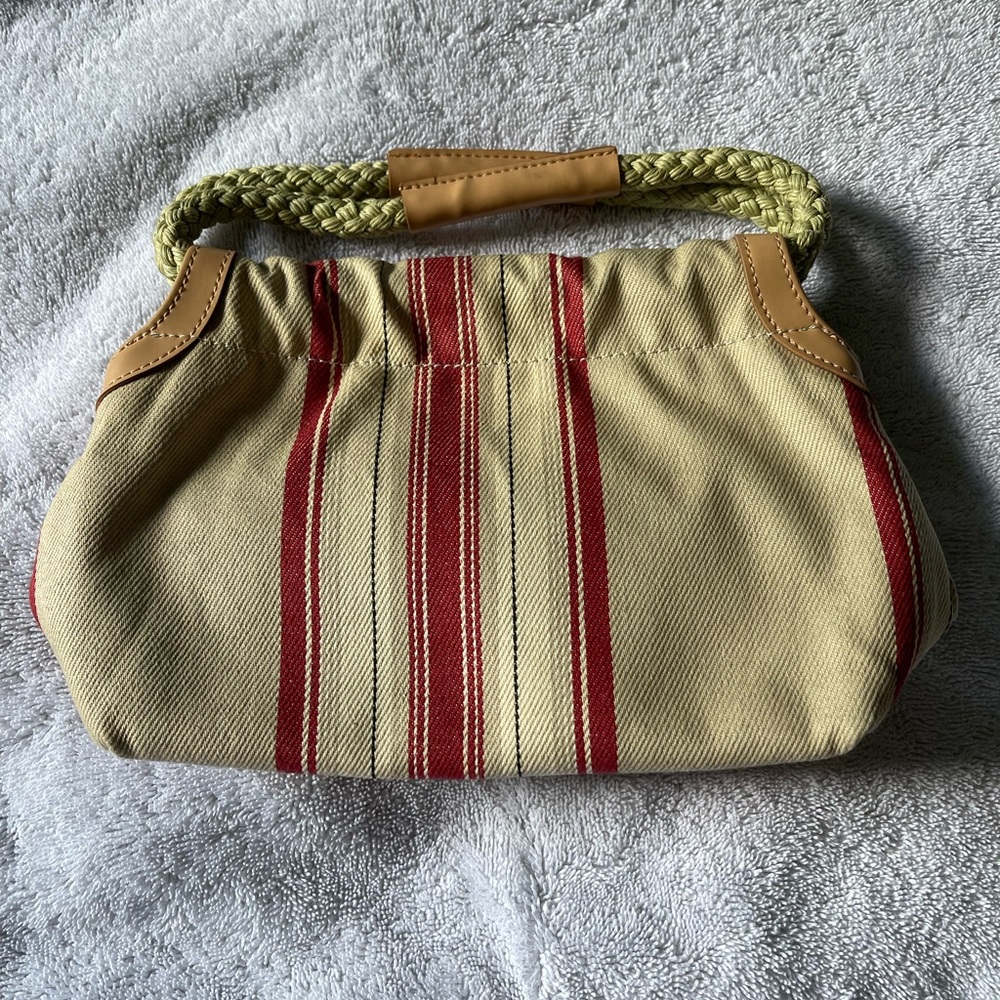 Fossil Beige Canvas Mini Bag with Red Stripes and Tan Trim